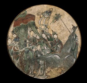 En polykrom fresk föreställande en kvinnlig dignitär som håller en Ruyi-scepter när han sitter i en vagn som dras av Phoenix av Ming Dynasty Chinese School