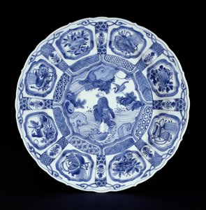 Blått och vitt kraakfat målat med Li Tieguai som korsar havet på en dubbel kalebass, Wanli-period, 1594-1610 (porslin) av Ming Dynasty Chinese School