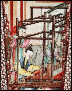 Detalj från en vas föreställande sidenvävning (keramik) av Ming Dynasty Chinese School