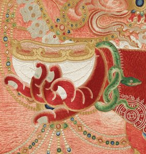 Detalj av kejserlig broderad siden-thangka av Ming Dynasty Chinese School