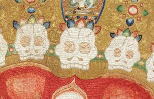 Detalj av kejserlig broderad siden-thangka av Ming Dynasty Chinese School