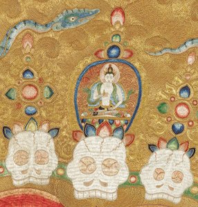 Detalj av kejserlig broderad siden-thangka av Ming Dynasty Chinese School