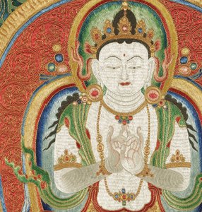 Detalj av kejserlig broderad siden-thangka av Ming Dynasty Chinese School