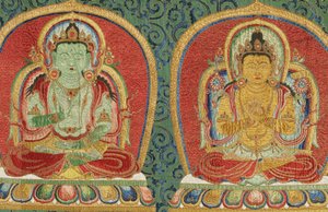 Detalj av kejserlig broderad siden-thangka av Ming Dynasty Chinese School