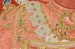 Detalj av kejserlig broderad siden-thangka av Ming Dynasty Chinese School