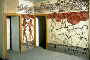 Minoisk konst: "" djur och fighter fight""" Fresk från Akrotiri på Santorini. 1500-talet f.Kr. Aten, Arkeologiska museet av Minoan