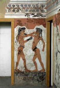 Minoisk konst: "" slåss mellan två boxare""" Fresco från Akrotiri till Santorini. 1500-talet f.Kr. Aten, Arkeologiska museet av Minoan
