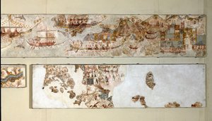 Minoisk konst: "" sjöexpedition"" Fresk från Akrotiri till Santorini. 1500-talet f.Kr. Aten, Arkeologiska museet av Minoan