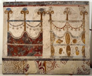 Minoisk civilisation: representation av två portaler (Ikria). Fresk från den lustrala bassängen i Xeste 3-byggnaden i Akrotiri (Thera), Santorini