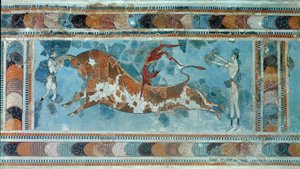 Minoisk civilisation: "" scen för taurokathapsia (eller taurocatapsia), kretensisk sport som består av att hoppa på ryggen på en tjur""" Fresk från kung Minos a Cnossos palats (Knossos). 1700-1400 f.Kr. Heraklion, arkeologiskt museum