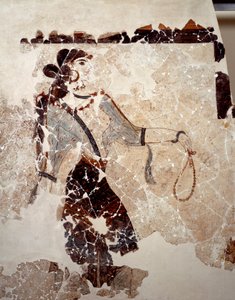 Minoisk civilisation: kvinnor i tillbedjan. Detalj. Fresk från den lustrala bassängen Xeste 3 i Akrotiri (Thera), Santorini. Dämpa. 143x381 cm 1500-talet f.Kr. Santorini, Samling fresker av Akrotiri a Thera av Minoan