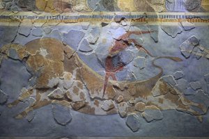 minoisk konst. Fresken "Bull-Leaping". Tjurhoppscen som visar hur denna sport utfördes. Fresken hittades på östra sidan av Knossos palats av Minoan