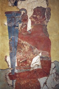 minoisk konst. "Muggbäraren", en figur från processionen Fresco. Originalrekonstruktion från de få fragment som hittades av A. Evans på den arkeologiska platsen i Knossos och som nu visas i Herakleions arkeologiska museum. Den visar en ung man med lång sva av Minoan