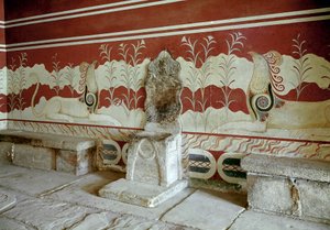 Minoisk civilisation: utsikt över tronrummet i kung Minos a Cnossos (Knossos) palats. Kreta - minoisk civilisation: utsikt över tronrummet i kung Minos palats i Knossos. Kreta, Grekland av Minoan