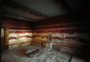 Minoisk civilisation: utsikt över tronrummet i kung Minos palats i Cnossos (Knossos). av Minoan