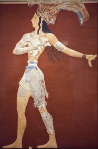 Minoen konst "Prince of the Lilies"" fresk. Original rekonstruktion från de få fragment som hittats av A. Evans på Knossos arkeologiska plats. arkeologiska museet i Heraklion. Denna rekonstruktion är osäker. Knossos, Kreta.