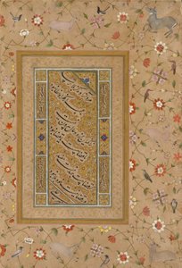 Sida från Late Shah Jahan Album: Persisk kalligrafi inramad av en dekorativ kant av blommor och fåglar av Mir 