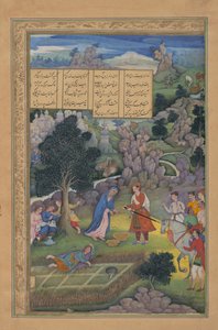 En kung erbjuder sig att gottgöra en sörjande mor, Folio från en Khamsa..., 1597-98. av Miskin