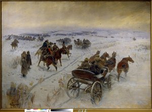 Slaget vid Yegorlykskaya (Ryssland). Avsnitt av det ryska inbördeskriget (1917-1923), konfrontation mellan Röda arméns och Vita arméns kavalleri på de snöiga slätterna. Målning av Mitrofan Borisovich Grekov (1882-1934), olja på duk