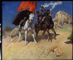 Fanbärare och hornspelare. Två soldater från ett kavalleriregemente av Röda armén, under oktoberrevolutionen 1917. Målning av Mitrofan Borisovitj Grekov (1882-1934), olja på duk