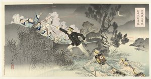 Den hårda striden vid floden Ansung, kapten Matsuzakis heroism Anjô no watashi daigekisen Matsuzaki Taii yûmo (titel på objekt) av Mizuno Toshikata