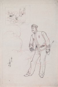 Förberedande ritning för ett träklosstryck som föreställer en japansk sjöofficer under det kinesisk-japanska kriget av Mizuno Toshikata