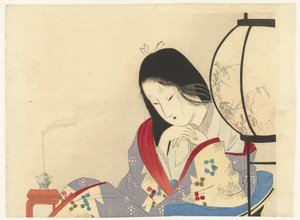 Kvinna vid en lampa i interiören av Mizuno Toshikata