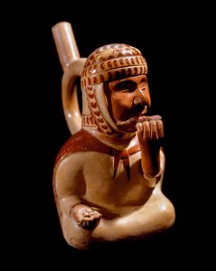 Precolombiansk konst, Mochique civilisation (ful, Mochica): antropomorf vas som föreställer en blind tiggare som spelar ett musikinstrument (panflöjt?). 200 f.Kr.-700 e.Kr. Lima, Nationalmuseet för antropologi och arkeologi, Peru - förcolumbiansk konst, Mo