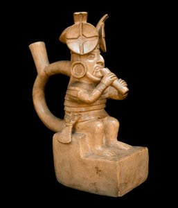 Precolombiansk konst, mochisk civilisation (ful): antropomorf terrakottavas som representerar en karaktär som spelar Quena, Andernas flöjt. 200 f.Kr.-700 e.Kr. Lima, Nationalmuseet för antropologi och arkeologi, Peru