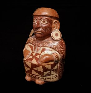 Precolombiansk konst, mochic civilisation (ful): vas som representerar "" Textilen" - 200 BC-700 AD. Lima, Nationalmuseet för antropologi och arkeologi, Peru - förcolumbiansk konst, Moche-civilisation (Mochica-kultur), antropomorfisk flaska: representation
