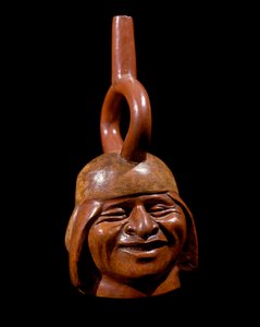Pre-columbiansk konst, moche civilisation (ful, Mochica): antropomorf vas som kallas för den skrattande mannen. 200 f.Kr.-700 e.Kr. Lima, Nationalmuseet för antropologi och arkeologi, Peru