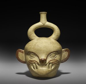 Kärl i form av ett katthuvud, AD 100-800 (lergods med slip) av Moche Moche