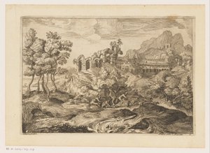 Landskap med herdar med en flock vid en ruin Landskap efter Titian (serietitel)