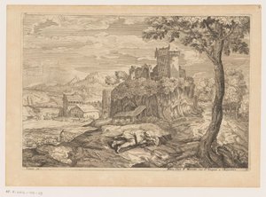 Landskap med en vilande herde, i bakgrunden en flod med bro och vattenkvarn Landskap efter Titian (serietitel)