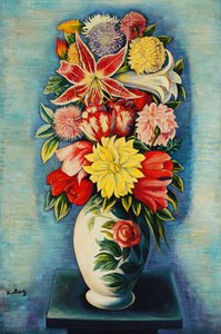 Blommor: Dahlior, tulpaner och liljor; Bouquet de Fleurs: Dahlior, tulpaner, liljor och liljor av Moise Kisling