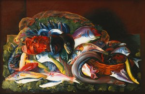 Stort stilleben med fisk; Grande Nature Morte aux Poissons av Moise Kisling