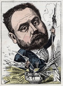 Porträtt av Emile Zola (1840-1902) fransk författare i "" Le Trombinoscope"" av Touchatout, karikatyr av B. Moloch från 1882 (1849-1909). Privat samling.
