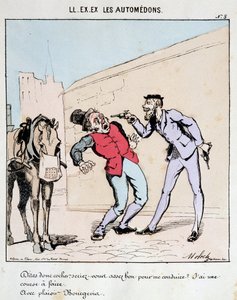 HAN. EX. EX. Motoredons: Tecknad film om transporter i staden. En borgare ber artigt en kusk att köra honom samtidigt som han hotar honom med vapen. Teckning av Moloch (1849-1909), omkring 1860.