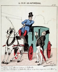 HAN. EX. EX. Motoredons: Tecknad film om transporter i staden. En kusk vägrar att ta en borgare till Belleville (Quartier de Paris). Teckning av Moloch (1849-1909), omkring 1860.