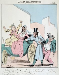 HAN. EX. EX. Motoredons: Tecknad film om transporter i staden. En kusk tar en berusad vän in i vagnen bredvid två förskräckta borgerliga kvinnor. Teckning av Moloch (1849-1909), omkring 1860. av Moloch