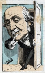 Porträtt av Albert, hertig av Broglie (1821-1901), fransk historiker och politiker i "Le Trombinoscope"" av Touchatout, tecknad av B. Moloch från 1882 (1849-1909). Privat samling.