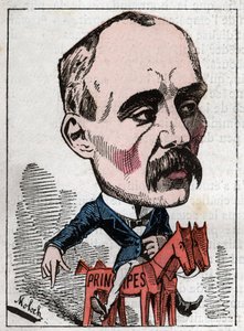 Porträtt av Georges Clemenceau (1841-1929) politiker i "Le Trombinoscope"" av Touchatout, karikatyr av B. Moloch från 1882 (1849-1909). Privat samling. av Moloch