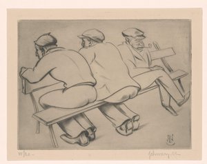 Tre män på en bänk av Mommie Schwarz (signed by artist)