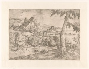 Panoramalandskap med stort träd av Monogrammist DB (etser 16de eeuw)
