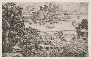 Landskap med ett tempel ovanför en sjö, 1500-talet. av Monogrammist HI