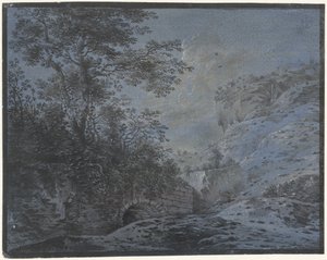 Kvällslandskap med bevuxen ruin av Monogrammist IAR of IAP