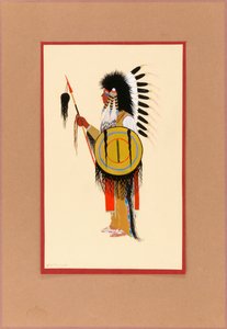 Cheyenne Warrior i fjäderhuvudbonad med sköld, ca. 1915-1937.