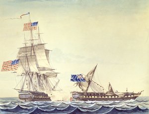 Sjöstrid mellan den amerikanska fregatten Constitution och den amerikanska fregatten Java (akvarell på papper) av Montardier Montardier