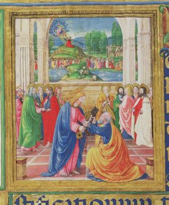 Ms 542 f.3v Kristus ger nycklarna till Peter, i bakgrunden överlämnar Gud lagens tavlor till Moses, från en psalter skriven av Don Appiano från kyrkan Badia Fiorentina, Florens