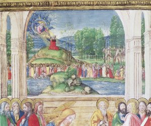 Ms 542 f.3v Moses tar emot lagens tavlor från Gud, från en psalter skriven av Don Appiano från kyrkan Badia Fiorentina, Florens, 1514-15, detalj av 78840